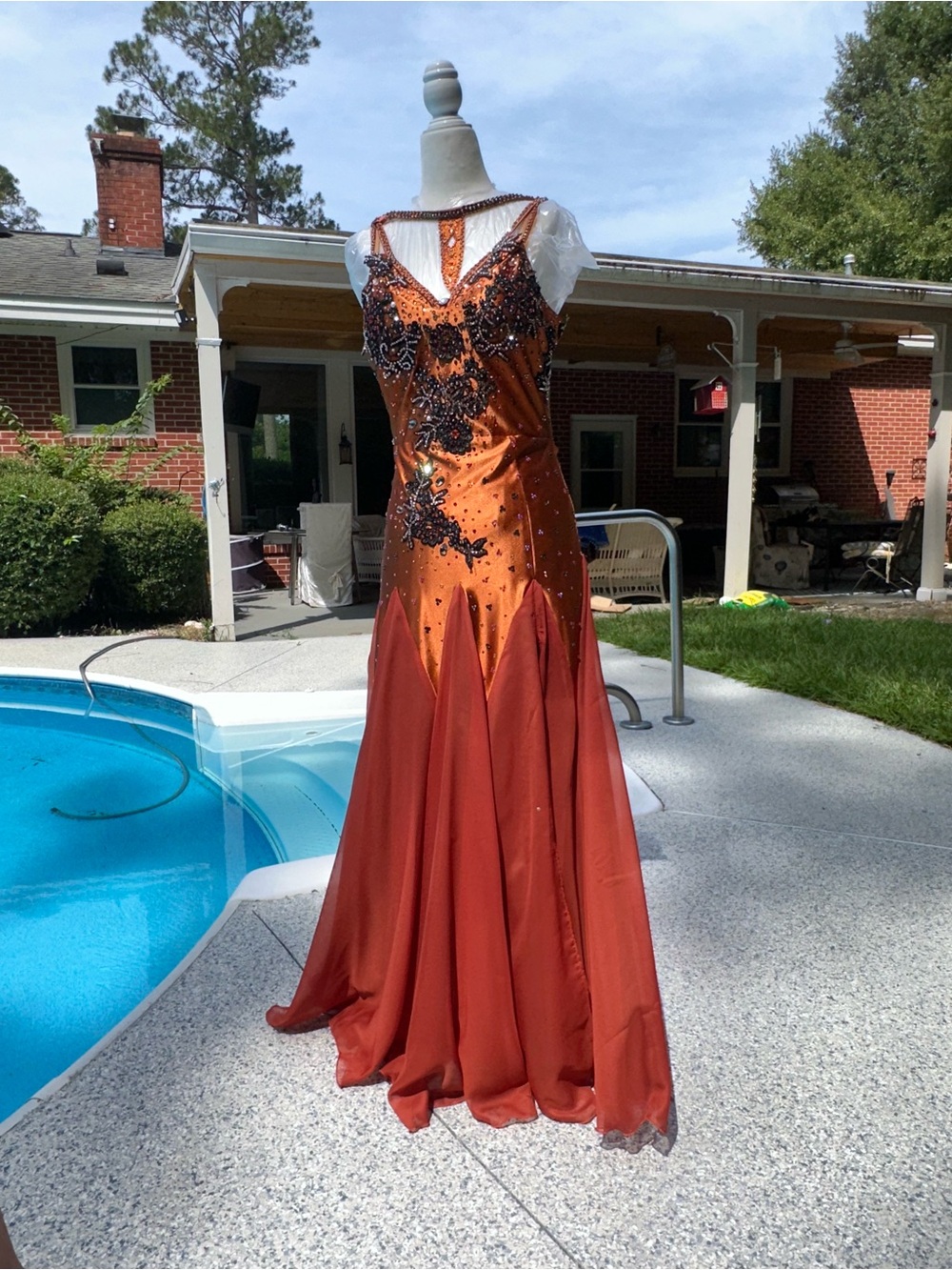 Competition Smooth Ballroom Gown Burnt Orange Backless Gown